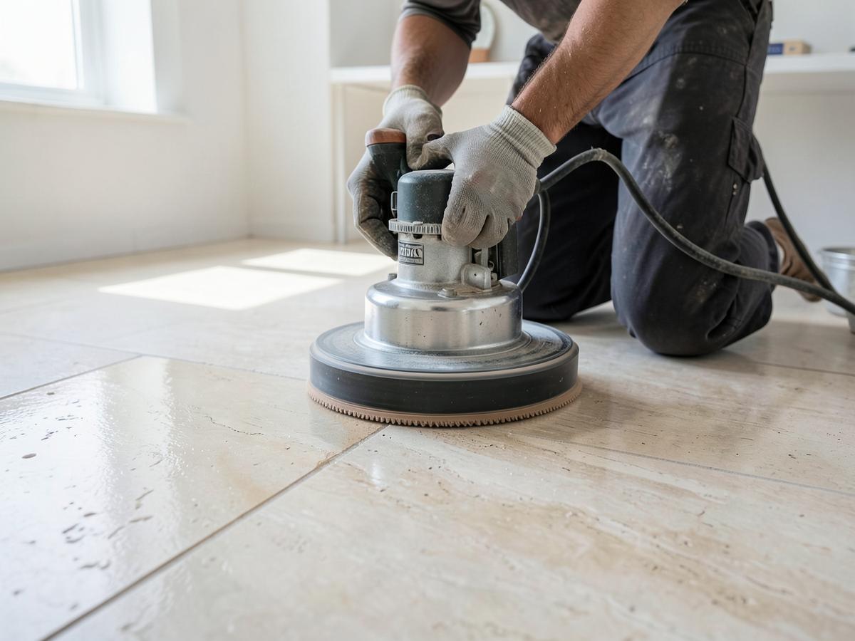 Handwerker poliert einen hellen Natursteinboden mit einer Schleifmaschine