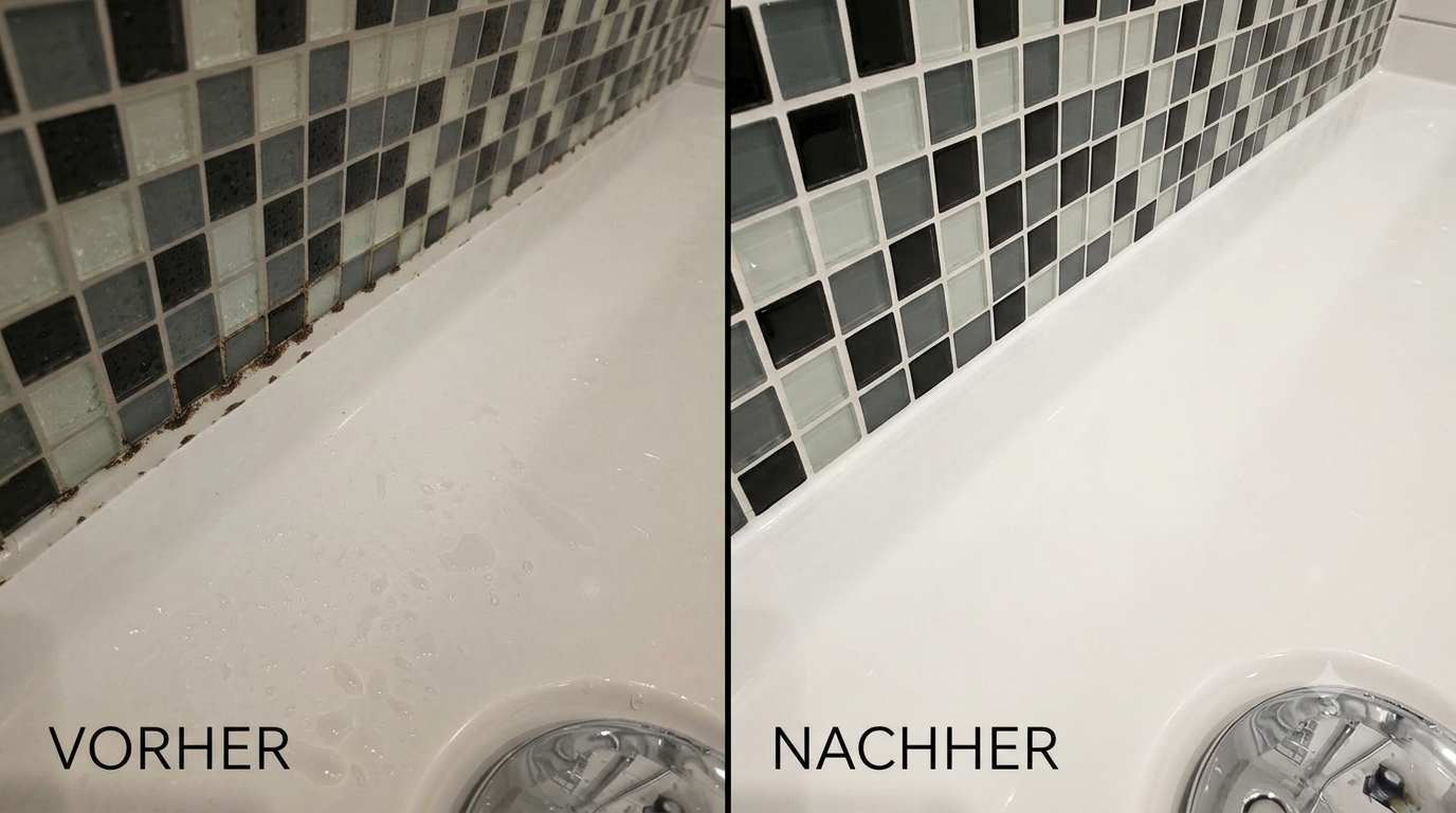 Silikonfuge an einer Badewanne vor und nach der professionellen Reparatur durch Fliesenlegermeister Lamp
