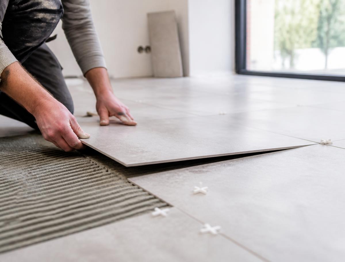 Handwerker verlegt großformatige Bodenfliese auf frischem Fliesenkleber