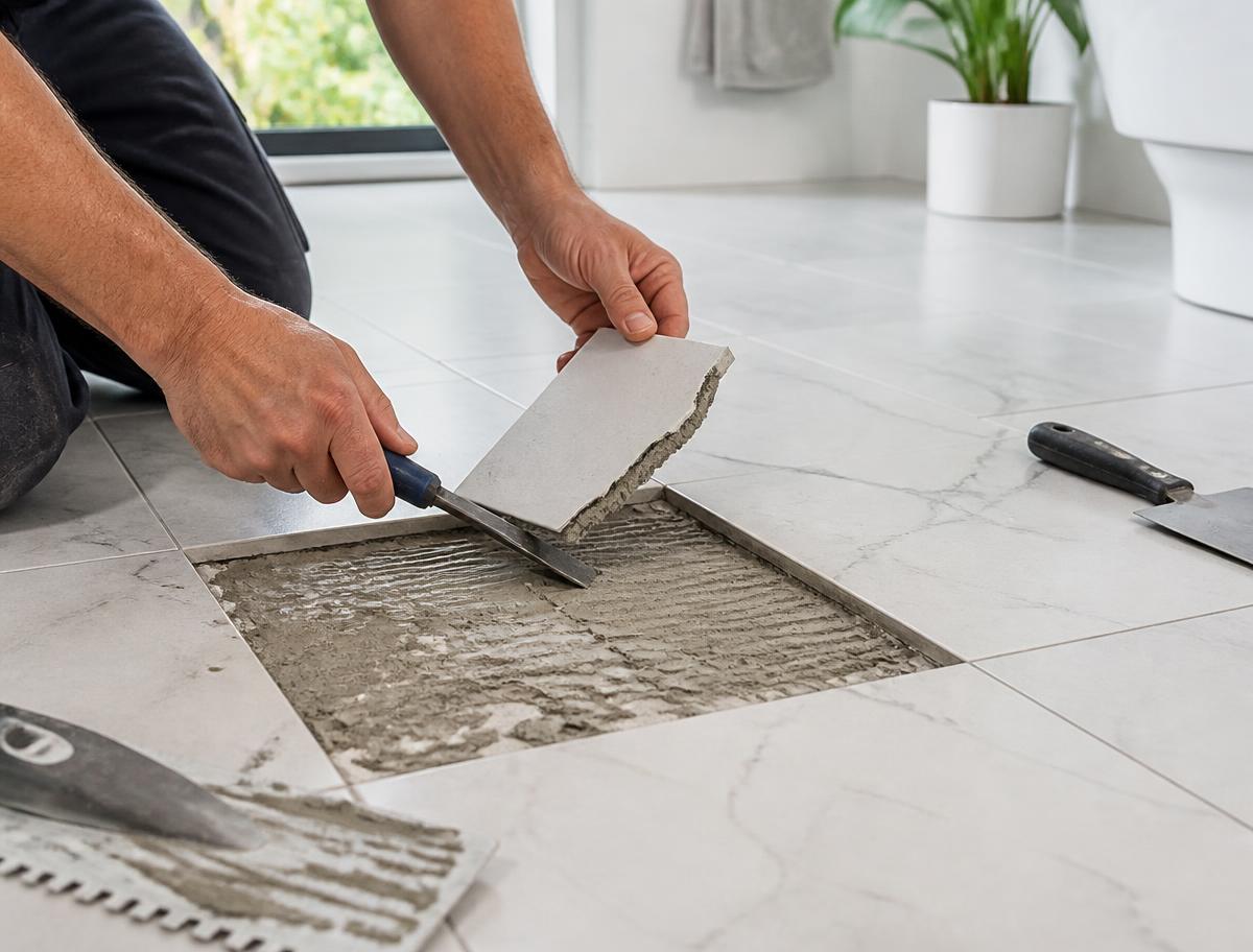 Fliesenleger ersetzt eine beschädigte Bodenfliese bei einer professionellen Reparatur