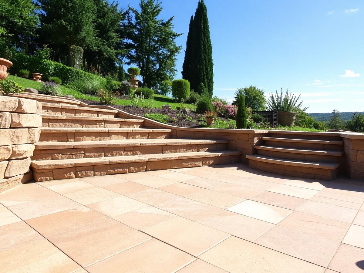 Sanierte Außenfläche mit Natursteinplatten und moderner Terrassengestaltung